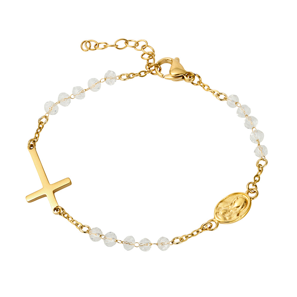Bead bracelet with Mother Mary & Cross - Clear