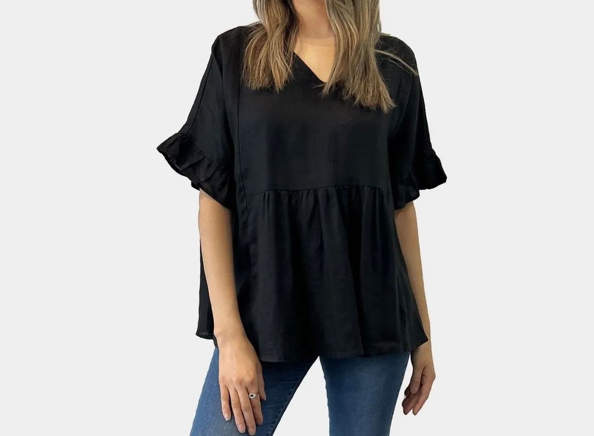 Black Linen Top with frill