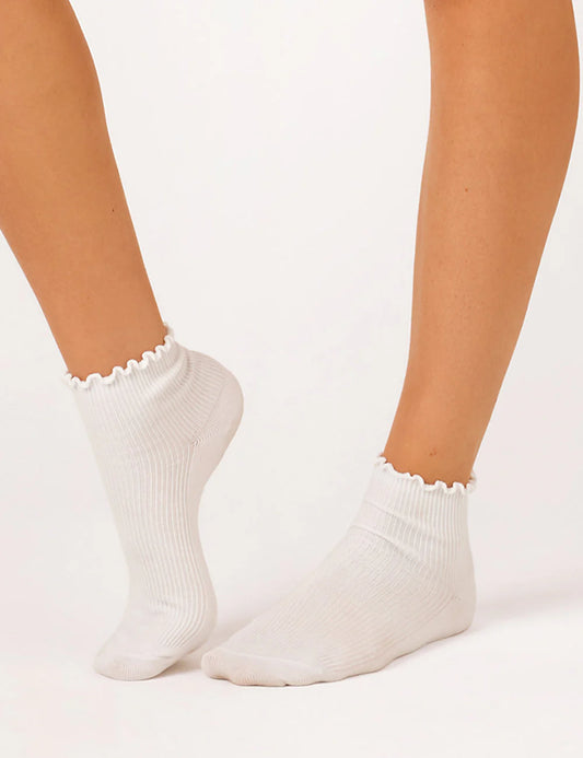 Rib Lettuce Edge Crew Sock - White