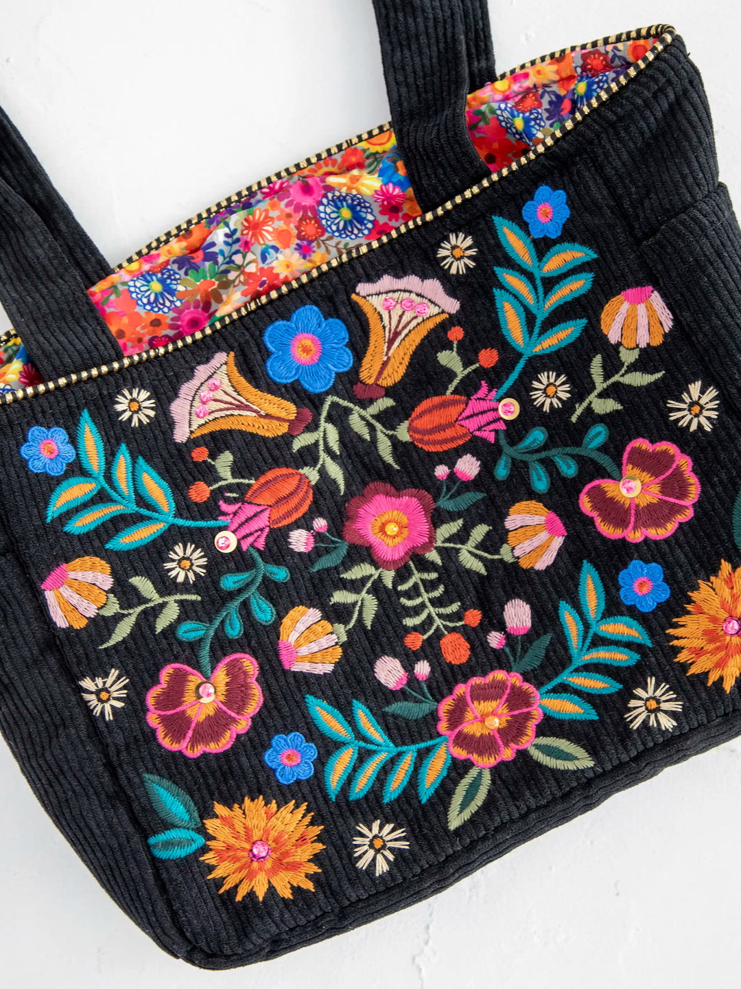 Embroidered Corduroy Tote - Black Folk Flower