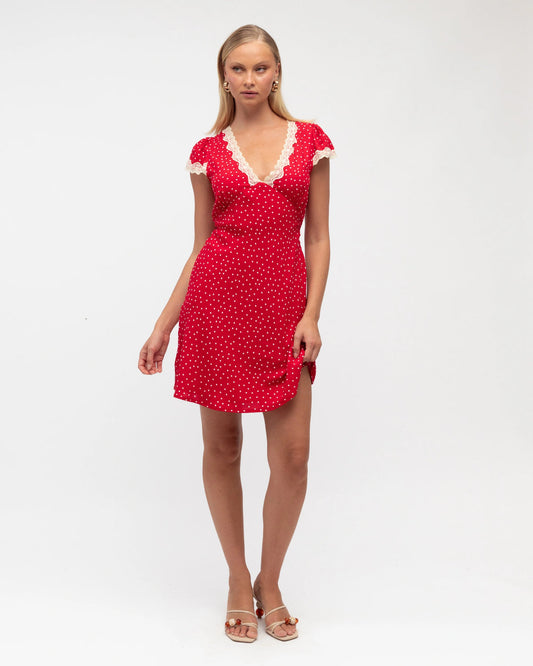 Sia Lace Trim Mini Dress Red White/Cream Trim