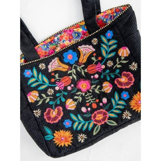 Embroidered Corduroy Tote - Black Folk Flower