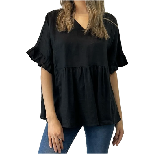 Black Linen Top with frill